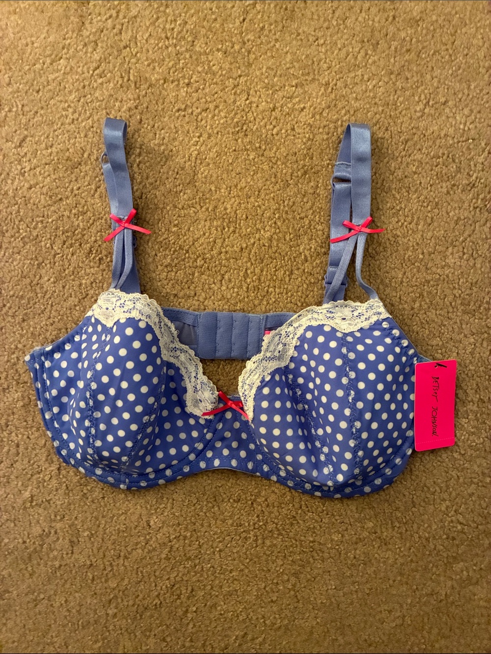 Betsey Johnson Retro Blue & White Polka Dot Underwire Bra - Size 34DD